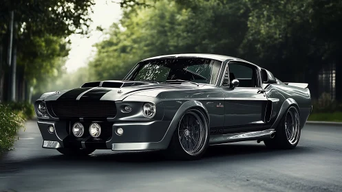 Classic fastback muscle car on tree-lined urban road.