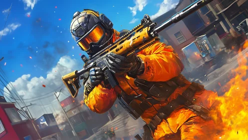 Armored soldier advances through flames in vivid city battle