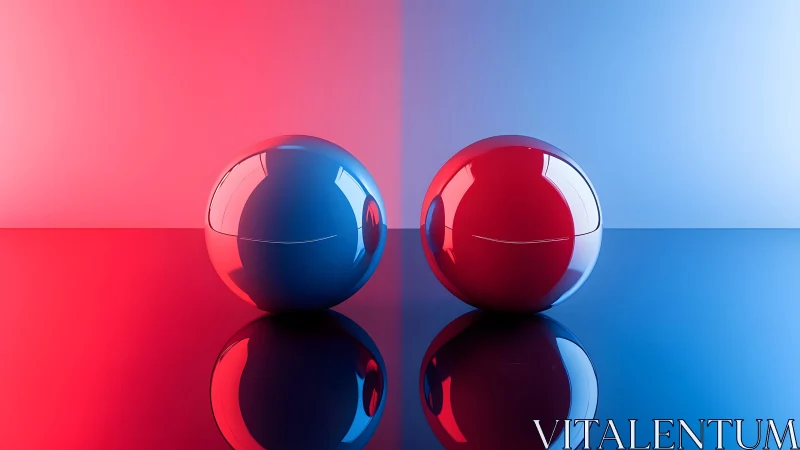 Dual glossy spheres on mirrored red and blue plane.