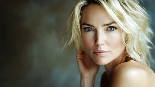 Blonde woman portrait with intense gaze against soft bokeh