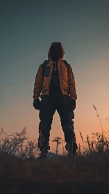 Silhouetted hooded figure in orange jacket under low-angle dusk sky