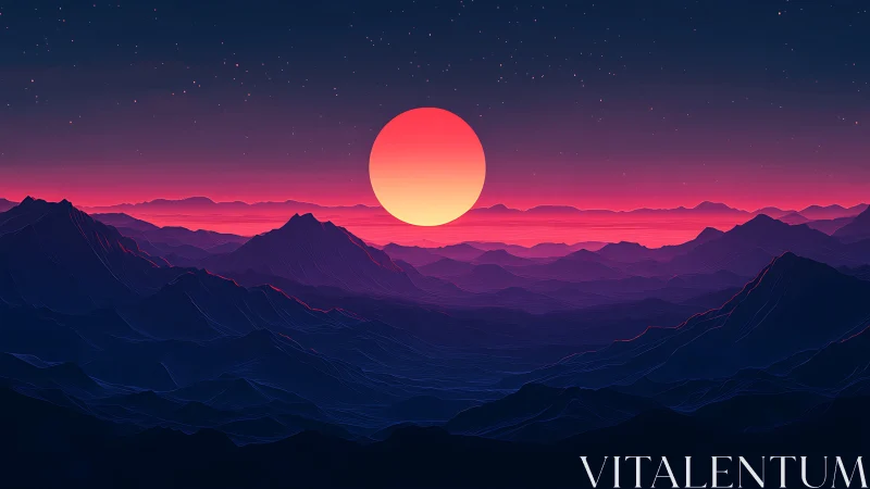 Sun dominates stylized neon mountains under starry sky