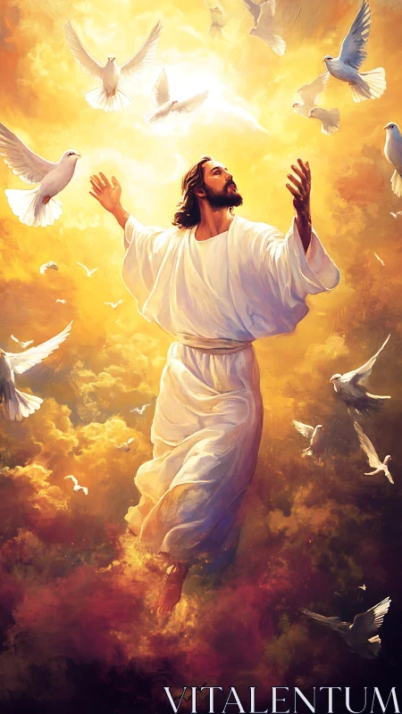 Radiant robed figure ascending amid doves in golden clouds