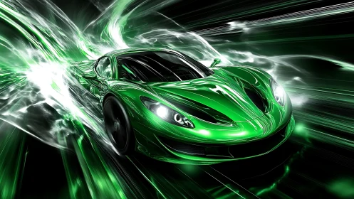 Green sports car racing through glowing energy streaks.