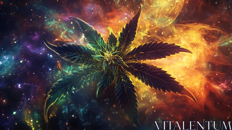 Cannabis leaf silhouette over multicolor nebula field.