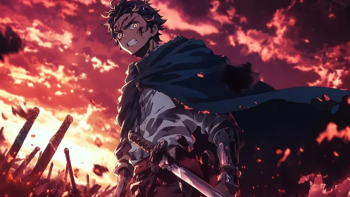 Storm lit warrior stands defiant amid a burning twilight sky