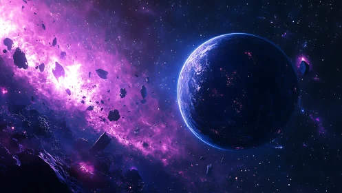 Cosmic midnight planet drifts beside a blazing violet rift