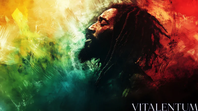 Reggae vocalist profile in expressive tricolor digital brushwork.