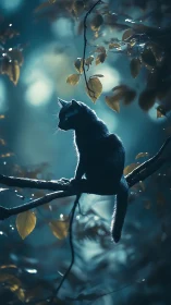 Midnight Guardian: Silhouette Watches Above Golden Leaves.