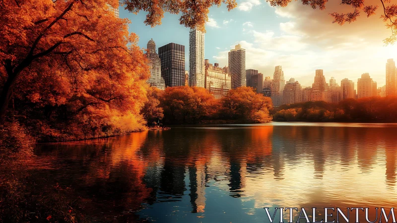 Autumn city skyline reflected in tranquil urban lake at sunset