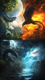 Elemental dragons and phoenixes dancing through twin skies.