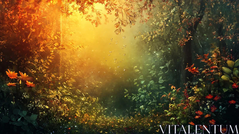 Enchanted forest glade bathes wildflowers in golden light