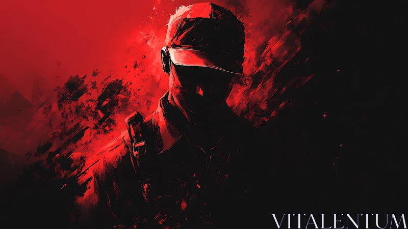 Soldier silhouette dissolves into red abstract smoke field.