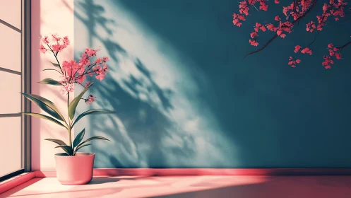 Soft daylight sculpts a potted bloom against teal interior wall