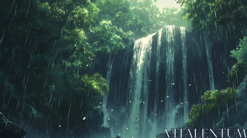 Waterfall pours through dense forest under steady rainfall