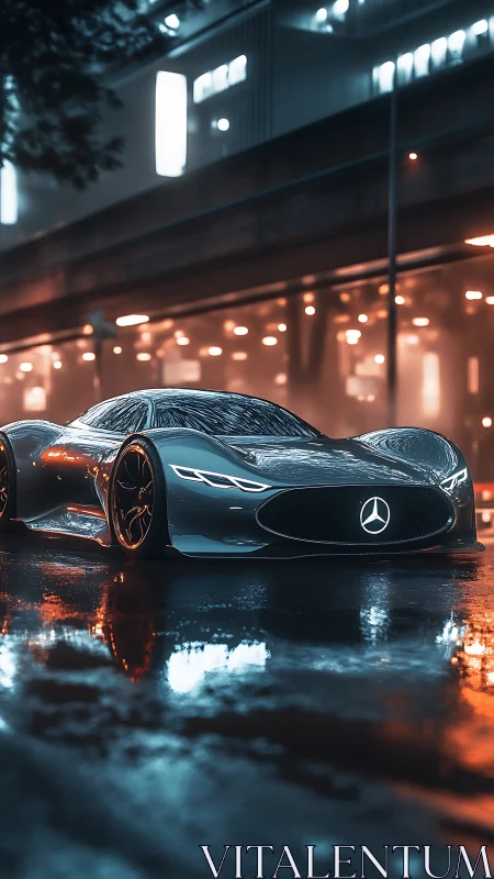 Futuristic Mercedes supercar glides through neon‑lit rainy street