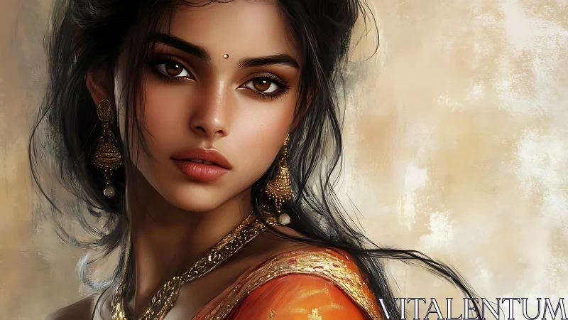 Burnished gaze of a sari-clad muse in sunlit hush.