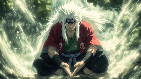 White haired anime warrior focuses in front of waterfall.