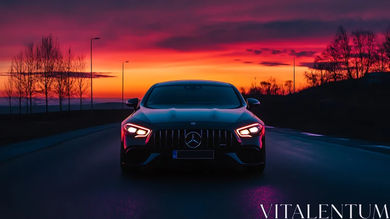 Midnight coupe hunts the horizon under molten sunset sky.