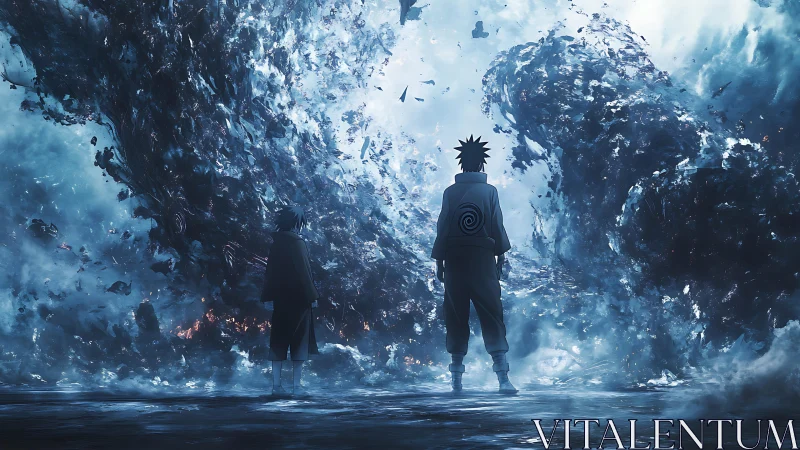 Two quiet heroes facing a swirling storm of blue magic.