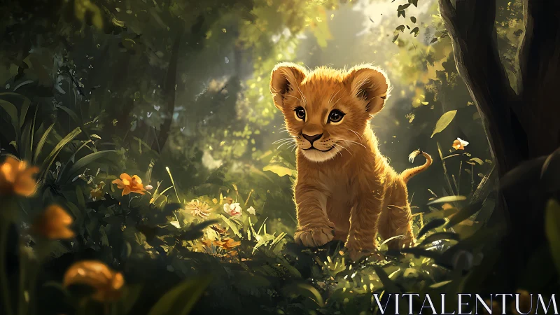 Curious lion cub explores a sunlit forest path with wonder