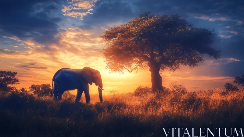 Elephant silhouetted at golden hour beside lone savanna tree