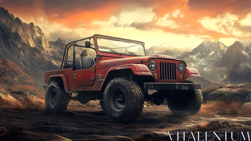 Off-road 4x4 jeep in cinematic alpine sunset landscape rendering.