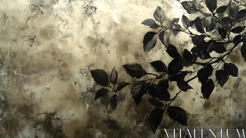 Dark leaf branch silhouette over textured gold wall.