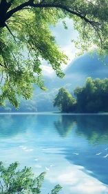 Lakeside daydream beneath emerald boughs and misty peaks.