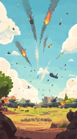 Cartoon battlefield erupts under bright skies as tanks burn
