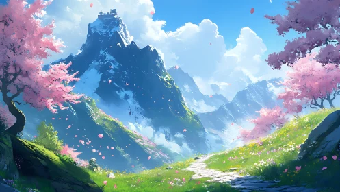 Spring mountain pass with cherry blossoms and distant temple