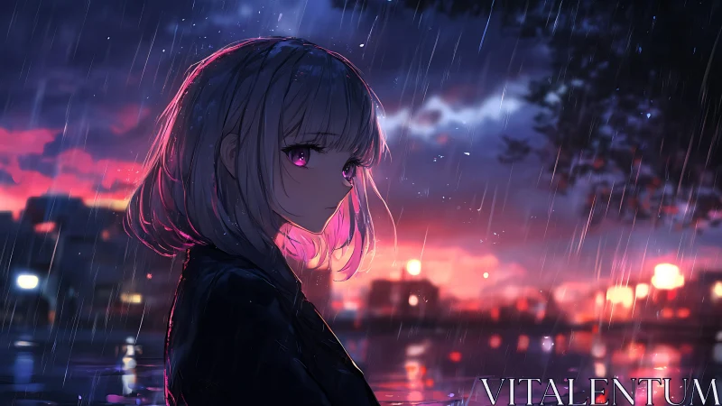 Melancholic anime girl in rain at neon sunset cityscape.