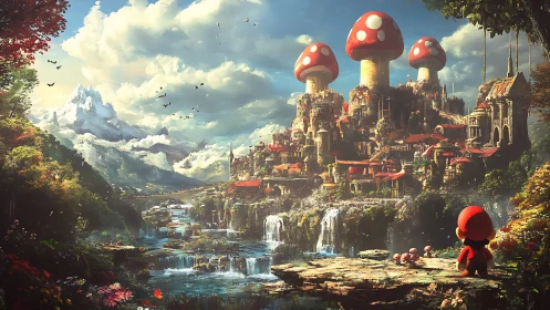 Mushroom kingdom city crowns waterfalls and alpine valley.