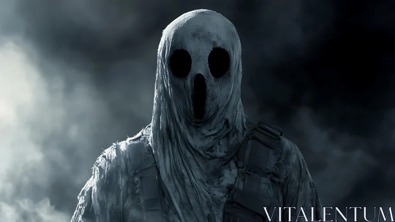 Cloth-shrouded figure with void mask emerges from volumetric fog