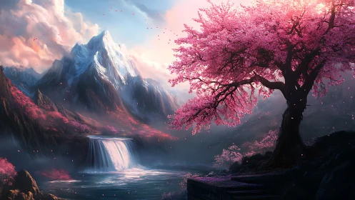 Pink blossom tree above misty waterfall and mountains.