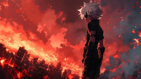 White‑haired warrior surveys a burning city at dusk