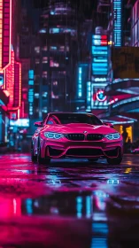 Neon drenched sports car prowls through electric rain night