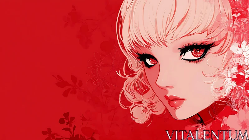 Red monochrome anime portrait with floral abstract field.