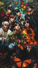 Seven stylized youths framed by monarch butterflies in lush forest