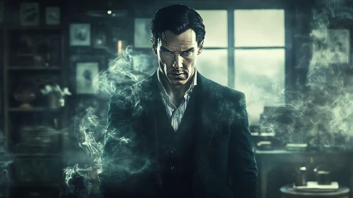 Man in dark suit amid smoke in dim interior setting.