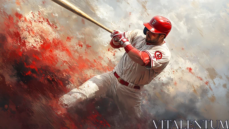 Baseball batter swings wooden bat amid abstract red motion