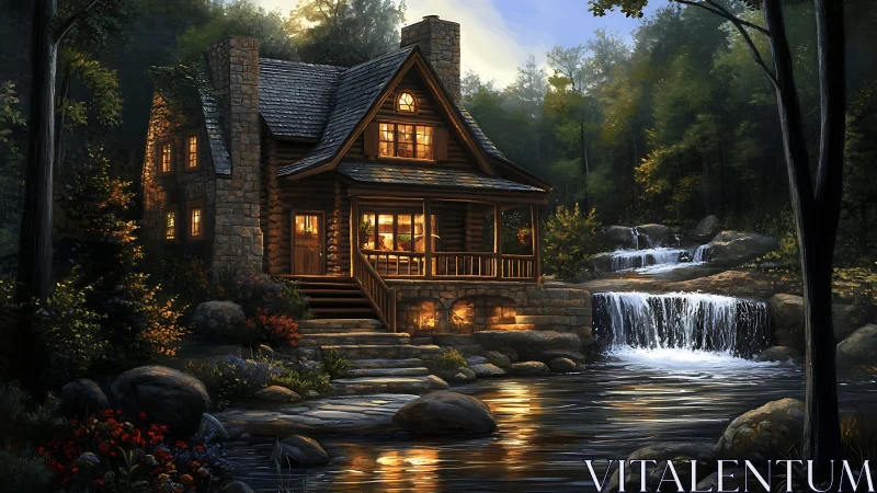 Forest cabin beside tiered waterfall and reflective stream.