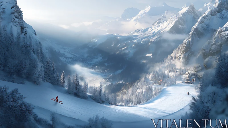 Alpine valley ski descent with atmospheric perspective gradients.