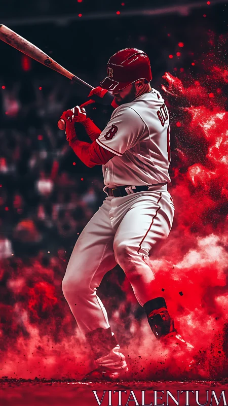 Baseball batter swings amid dramatic red dust explosion