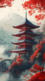 Pagoda rises through autumn mist beneath distant mountain