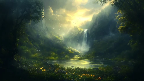 Hidden Canyon Waterfall Sanctuary Bathed in Golden Sunlight