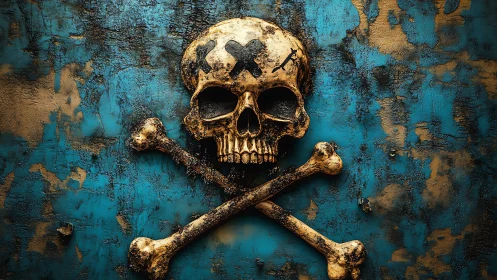 Weathered skull and crossbones rendered on corroded teal metal