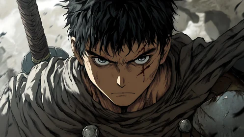 Battle-worn warrior with sword and intense forward stare.