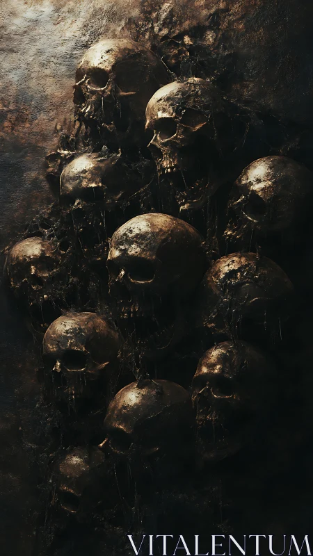 Oxidized human skull relief in dramatic chiaroscuro lighting.