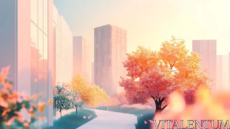 Soft sunrise stroll through a pastel city parkscape.